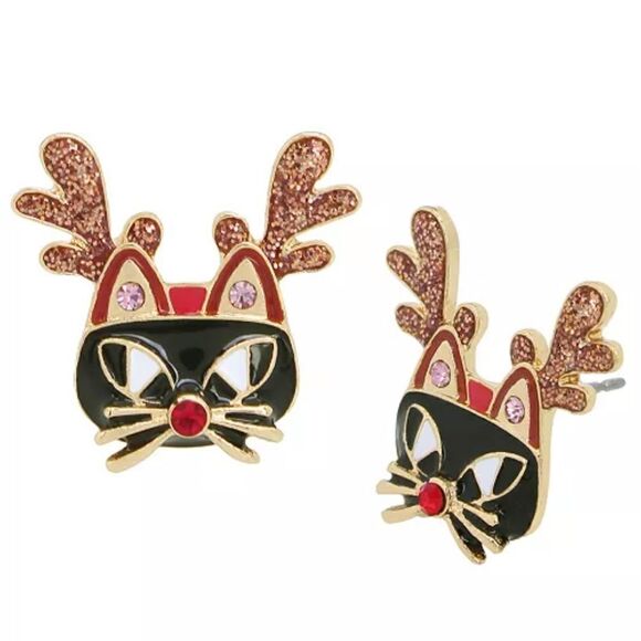 Faux Stone Cat Reindeer Stud Earrings - Picture 1 of 3